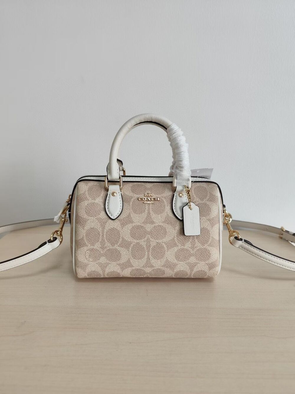 Coach Beige Signature Mini Rowan Boston Handbag With Crossbody Strap